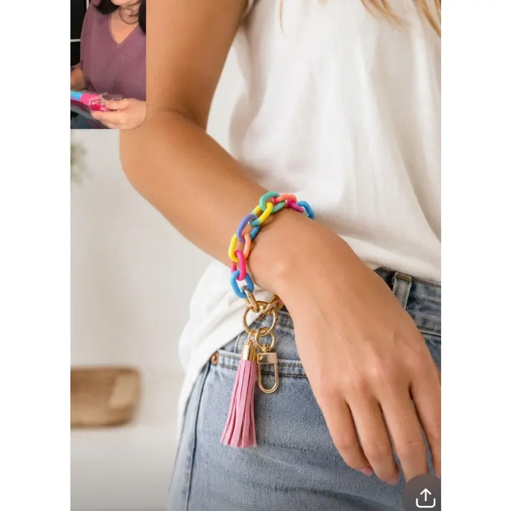 Acrylic Rainbow Pink Tassel Key Chain Wrislet New